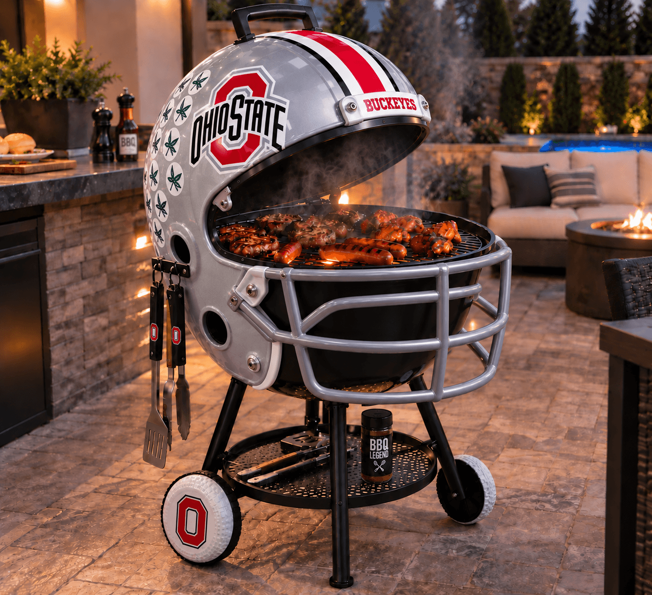 Ohio State football helmet-shaped grill shown on an outdoor patio